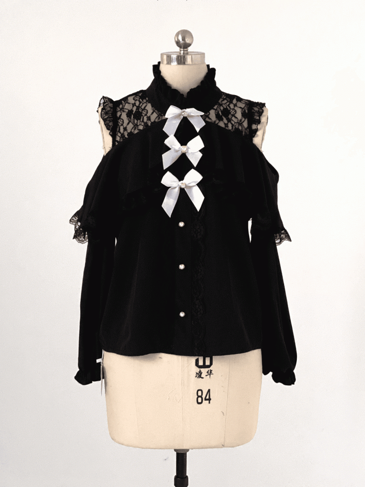 Black/White Jirai Kei Illusion Neckline Blouse with Cut-Out Shoulder with Bow Decor