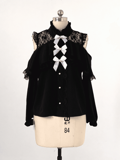 Black/White Jirai Kei Illusion Neckline Blouse with Cut-Out Shoulder with Bow Decor