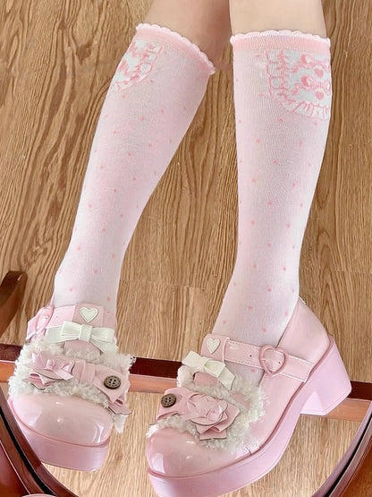 Pink Bowknot Print Polka-dot Pattern Lolita Calf Socks