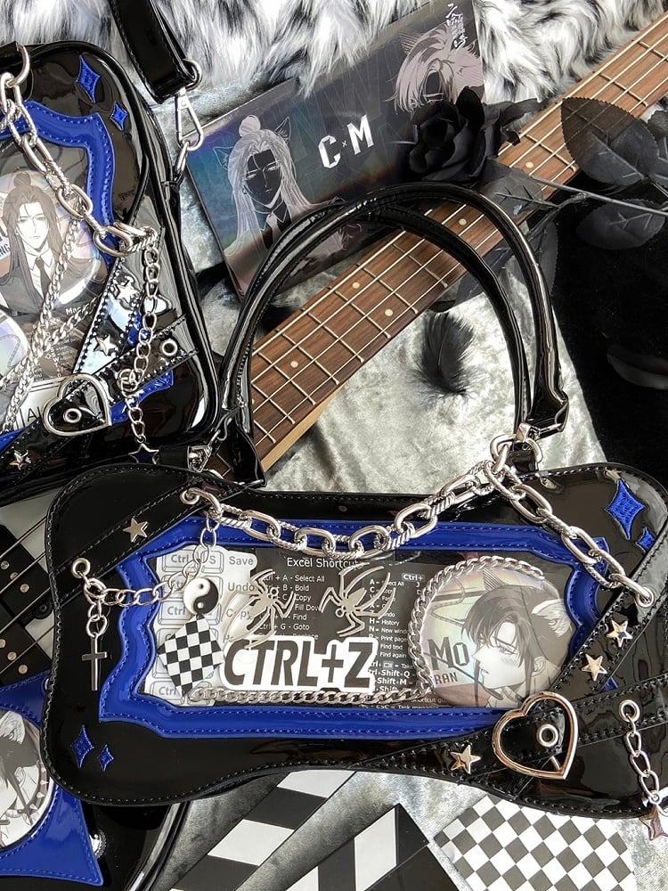 Black & Dark Blue Bone Shape Ita Shoulder Bag with Cross Charm Chain