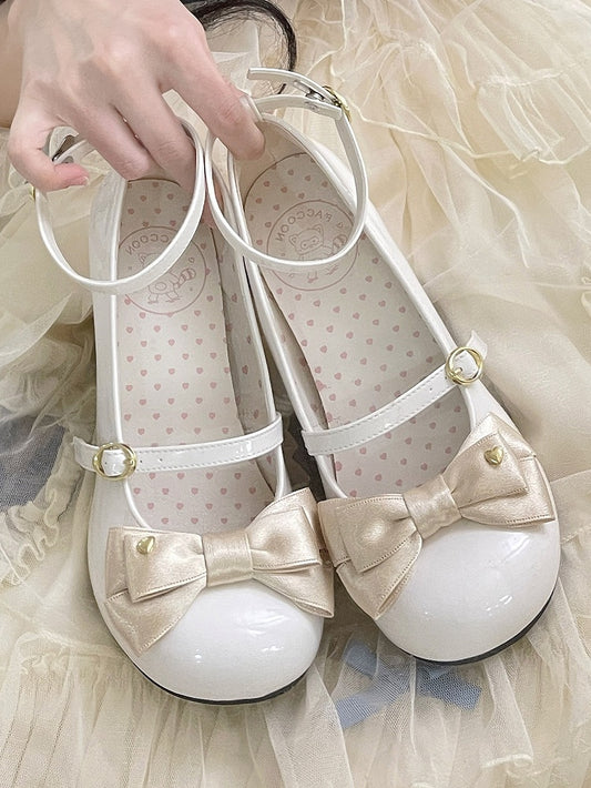 Heart-Decorated Champagne Bow PU Leather White High Block Heel Mary Janes in Sweet Lolita