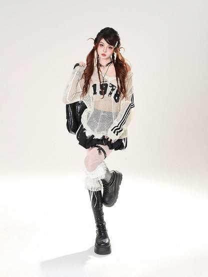 Raw Hem Number Print Black/White Hollow-out Coverup