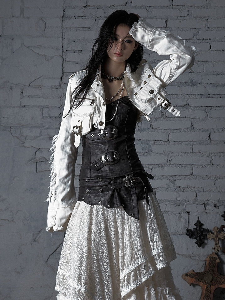 White Wasteland Punk Studs And Buckle Decorated Cropped Jacket