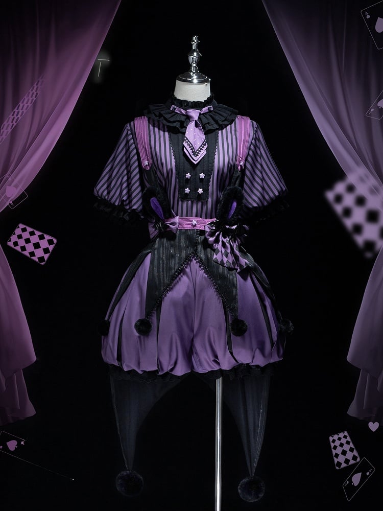 Clearance-Size L for Bust 100CM Kuromi Black and Purple Bunny Theme Circus Vibes Ouji Lolita Striped Pattern Top + Waist 64-74CM Bloomers Set