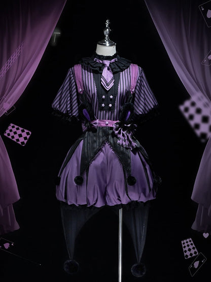 Clearance-Size L for Bust 100CM Kuromi Black and Purple Bunny Theme Circus Vibes Ouji Lolita Striped Pattern Top + Waist 64-74CM Bloomers Set