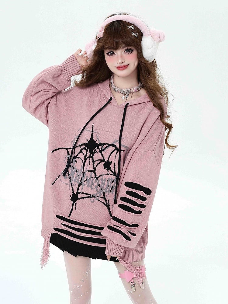 Pink Gothic Spiderweb Distressed Holes Hooded Sweater