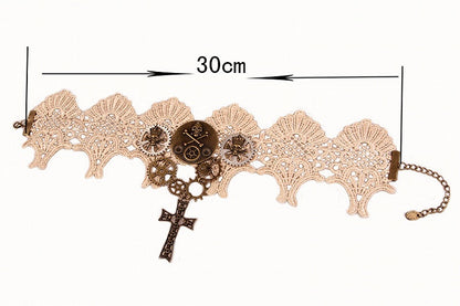 Steampunk Gears Cross Pendant Lace Choker