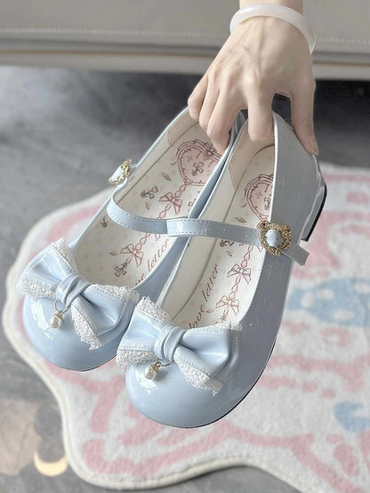 Blue Lace Trim and Bead Charm Decorated Bowknot Sweet Lolita Mary Janes