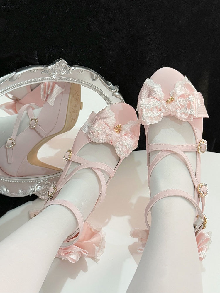Pink Crisscross Design Heart Buckle Bow at Top High Heels