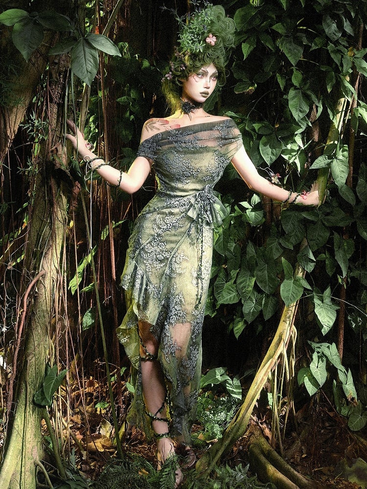 Green Off-the-shoulder Neckline Forest Fairy Goth Cascading Flounce Slit Dress