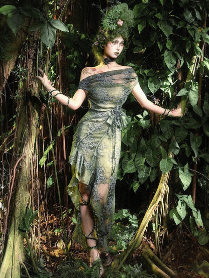 Green Off-the-shoulder Neckline Forest Fairy Goth Cascading Flounce Slit Dress