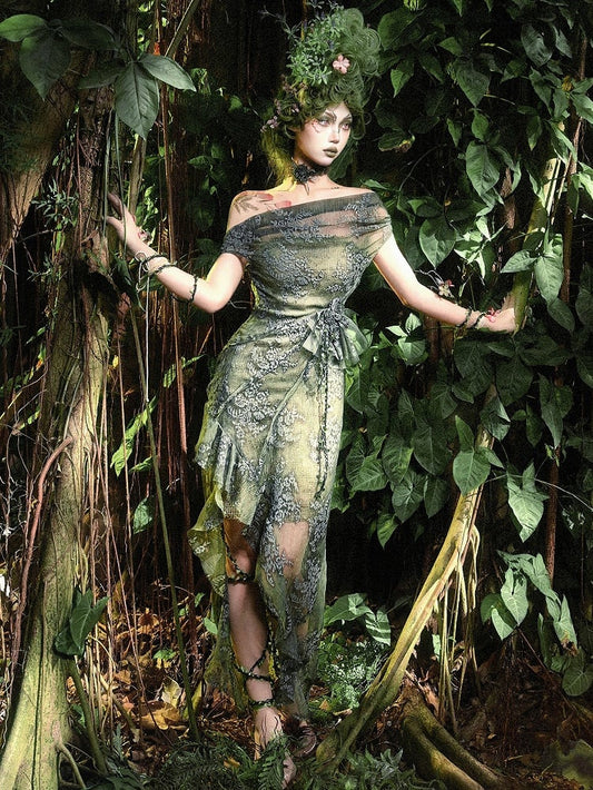 Green Off-the-shoulder Neckline Forest Fairy Goth Cascading Flounce Slit Dress