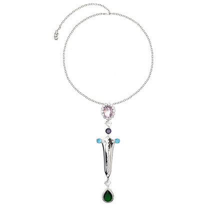 Multi-colored Rhinestones Silver Sword Charm Necklace