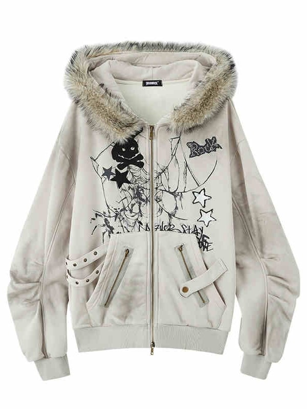 Spiderweb and Skeleton Print Gray Punk Rock Bunny Ears Fleece Zip Hoodie