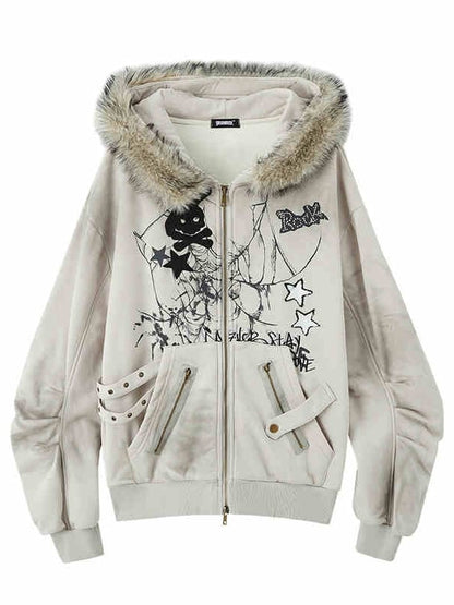 Spiderweb and Skeleton Print Gray Punk Rock Bunny Ears Fleece Zip Hoodie