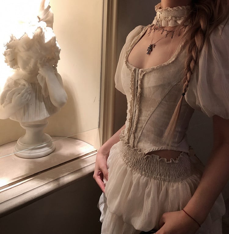 Apricot Puff Sleeve Romantic Top with Lace-Up Back