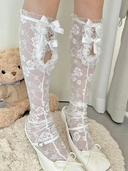 White Y2K Floral Pattern Bowknot Details Semi-sheer Underknee Stockings
