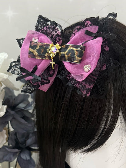Rose Red Leopard Pattern Rhinestone Heart Decorated Lace Trim Bowknot Hairclip