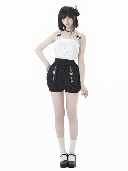 Black Cheongsam Style Polka-Dot Bubble Shorts with Butterfly Charms