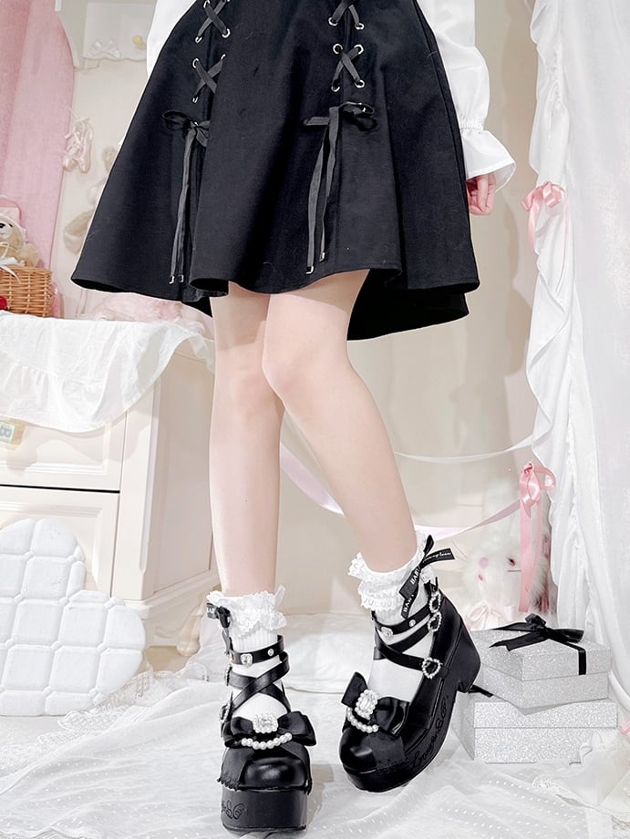 Jirai Kei Matte Black Beaded And Rhinestone Decorated Bow at Top Platform High Block Heels