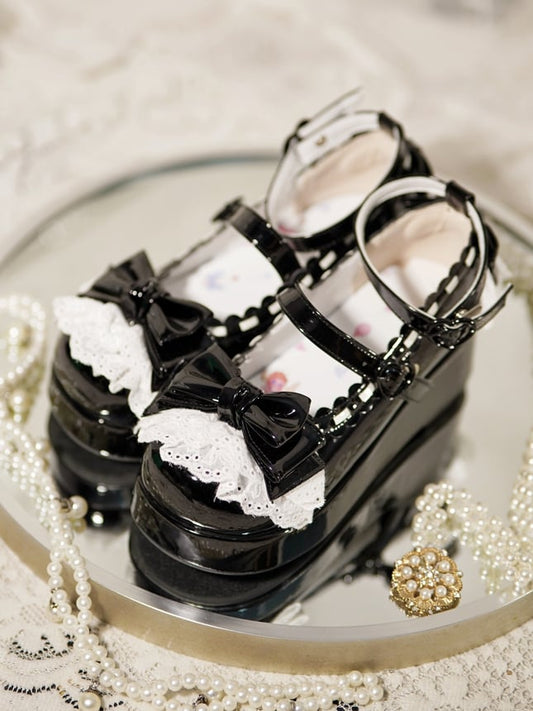 Black Bow at Top Lace Trim Heart Buckles Platforms