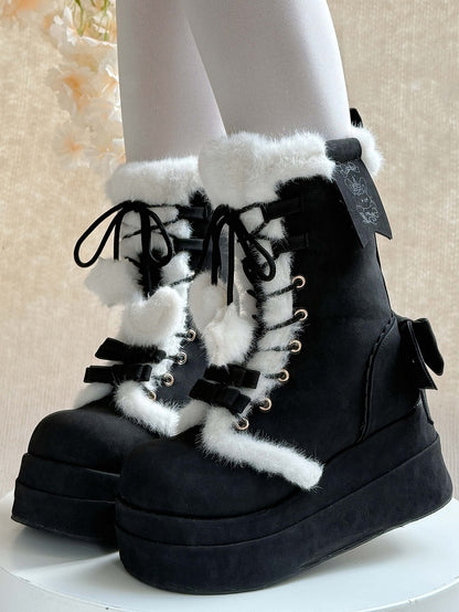 Plush Lined & Romantic Bow Accents Platform Black Boots in Sweet Lolita
