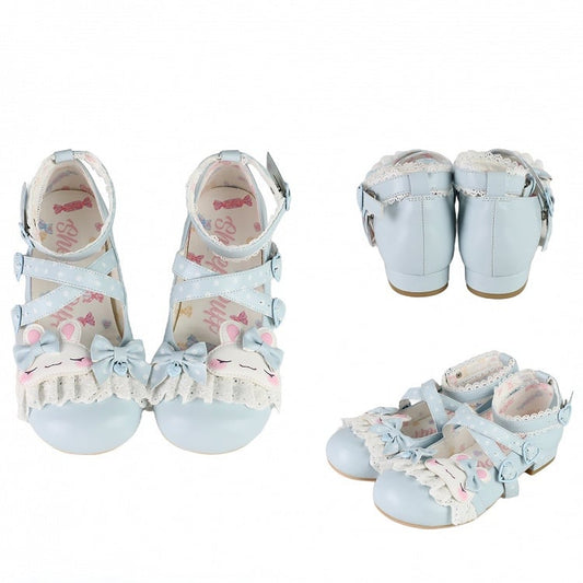 Blue Polka-dot Pattern Crisscross Design Bowknot Details Bunny Applique Lace Trim Sweet Lolita Shoes