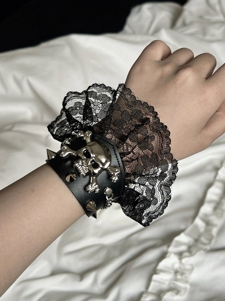 Black and White/Black/White Skeleton and Stud Lace Trim PU Bracelet