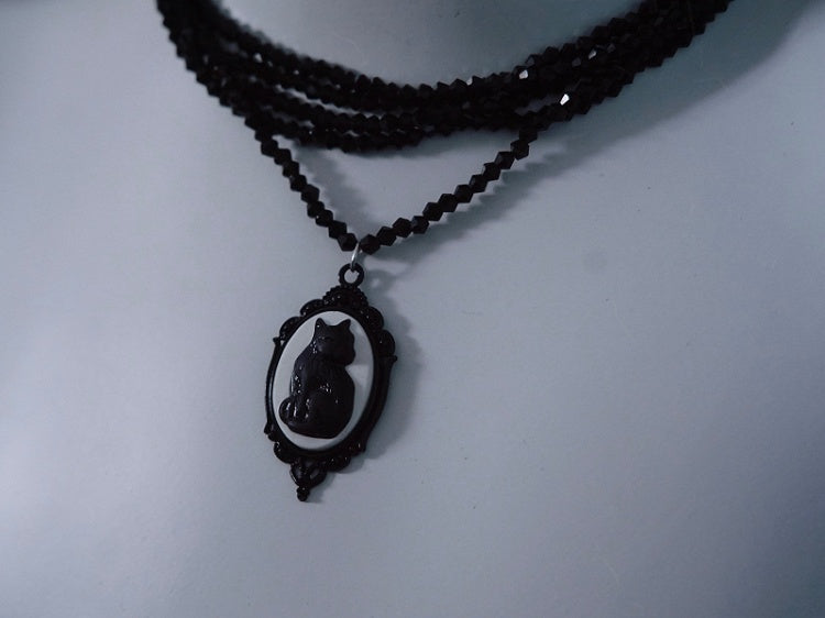 Handmade Vintage Black Cat Pendant Gothic Multi Layers Necklace