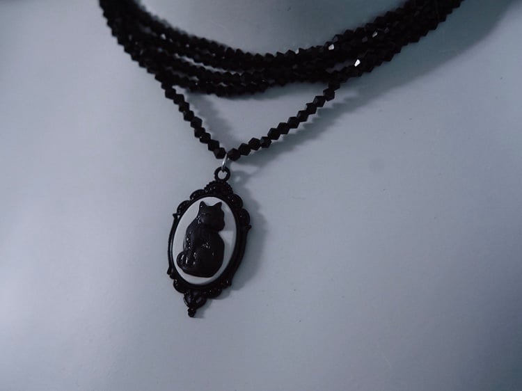 Handmade Vintage Black Cat Pendant Gothic Multi Layers Necklace