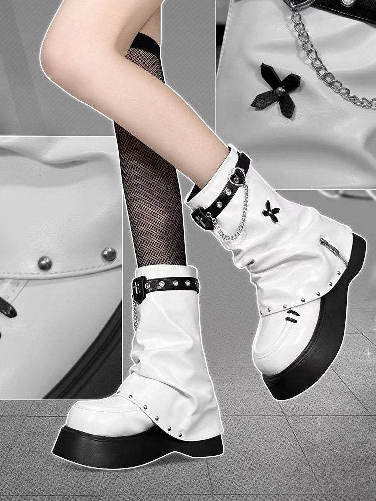 White Punk Cross Decorated Heart Buckle Studs Details Platform Boots
