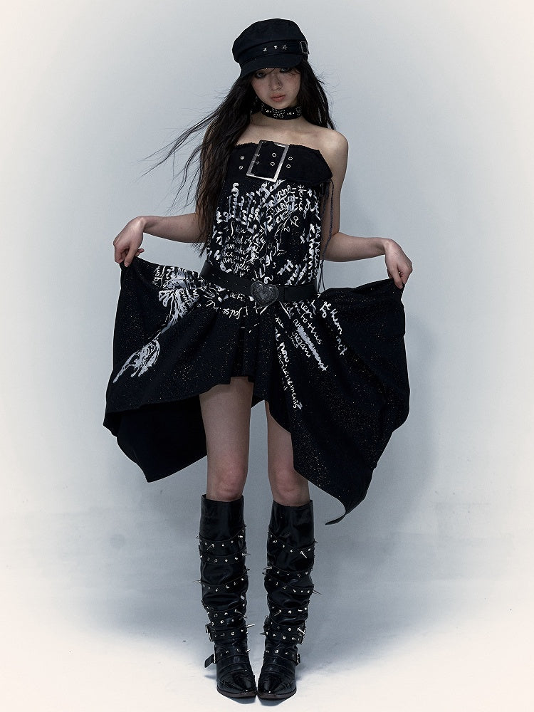 Lace-up Detail Letters Print Black Buckle Strap Design Punk Rock Strapless Dress