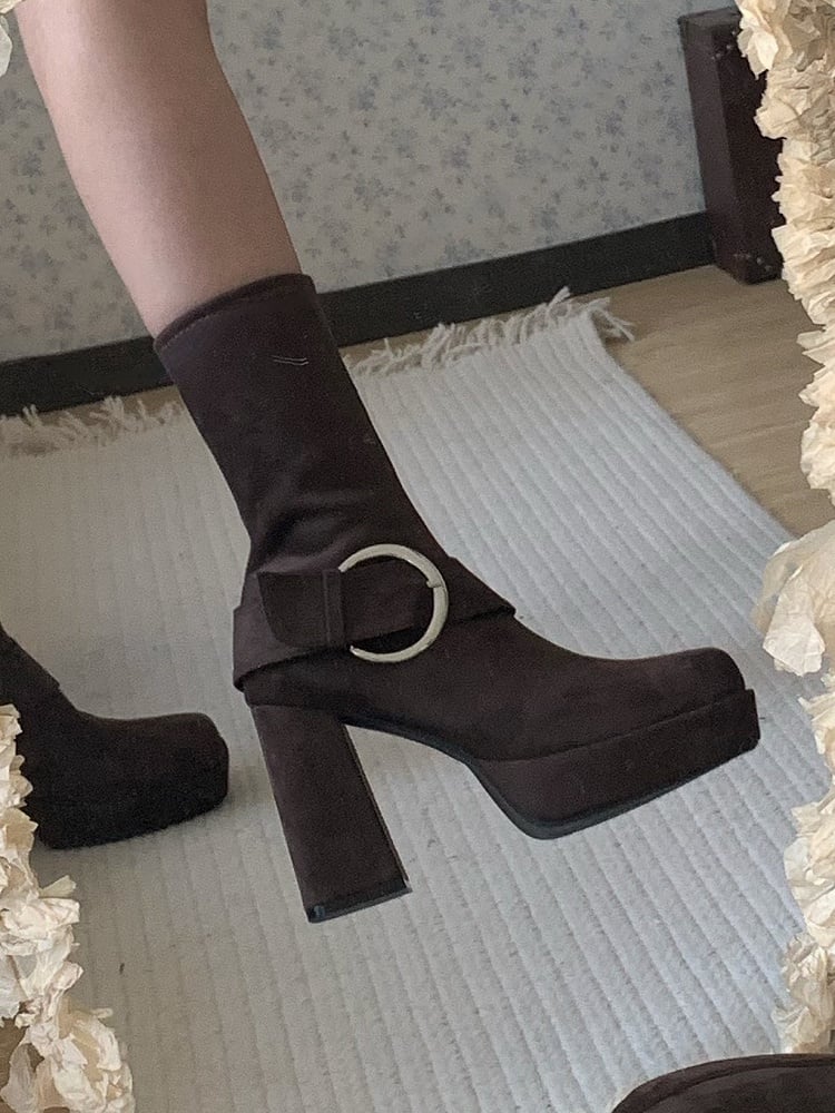 Buckle Details & Inner Zip Closure Square Toe Brown Mid-calf Boots with Platform High Block Heel