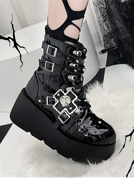 Metal Skull Polished Black Punk Wedge Platform Boots Spike Stud Detailing