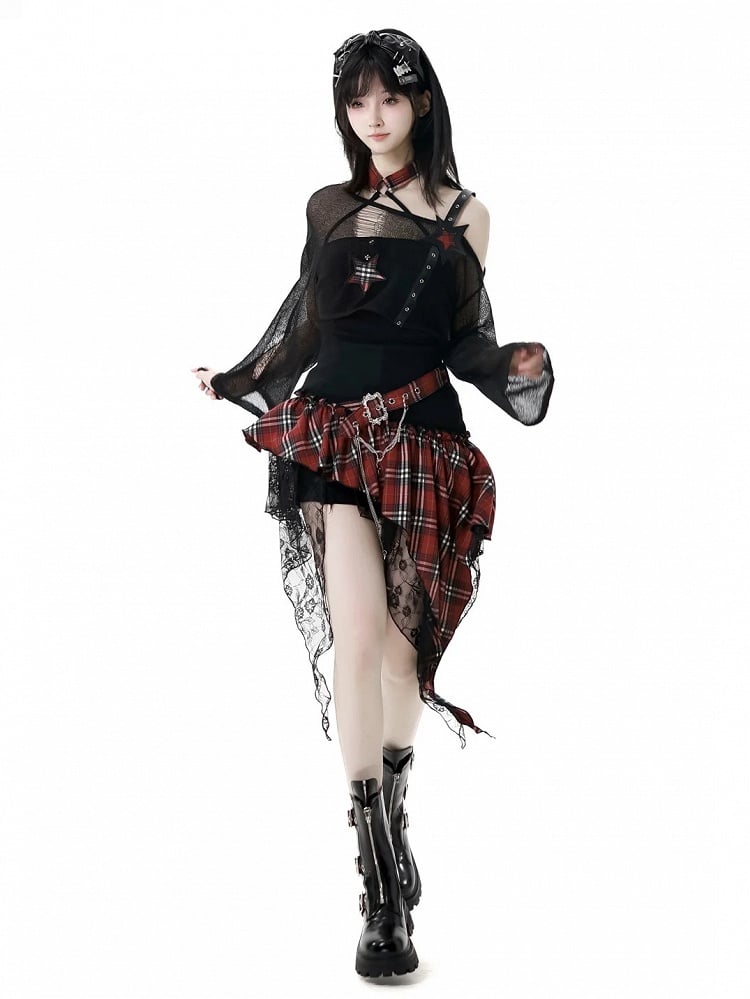 Red/Black & White Plaid Mesh Patches Handkerchief Hem Punk Rock Strapless Dress