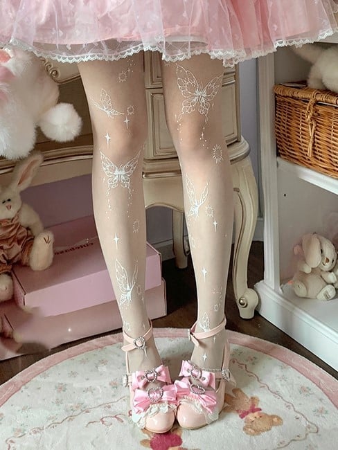 White Butterfly Print Sweet Lolita Tights
