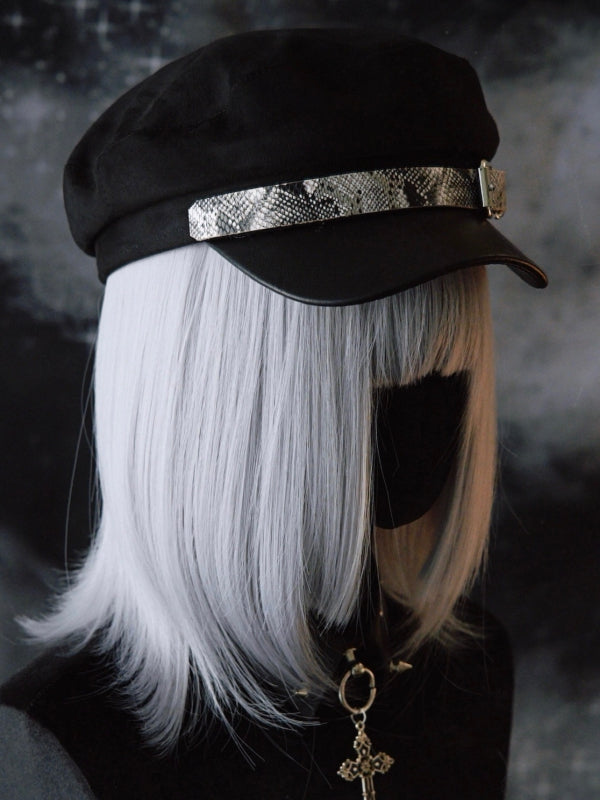 Black Gothic Snakeskin Pattern Buckle Design Beret Hat