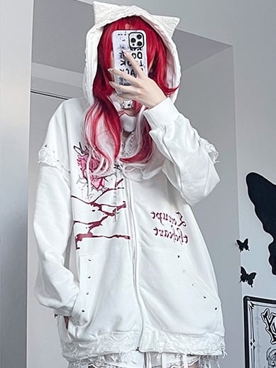 White Guro Kawaii Heart And Letter Print Studs Decorated Cat Ear Zip-up Hoodie