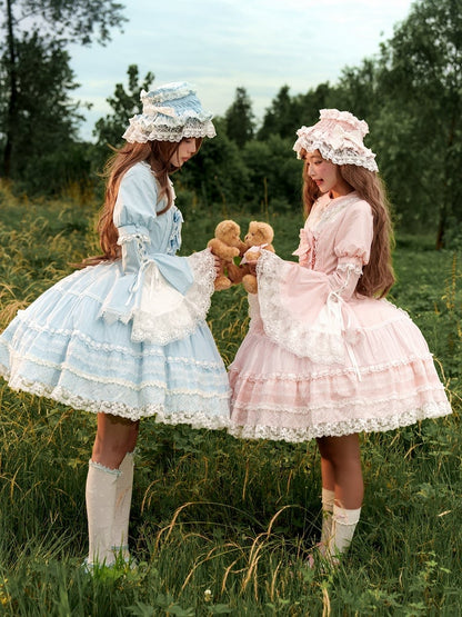 Baby Blue Old School Lolita Lace Trims Short Sleeves Cotton Dress