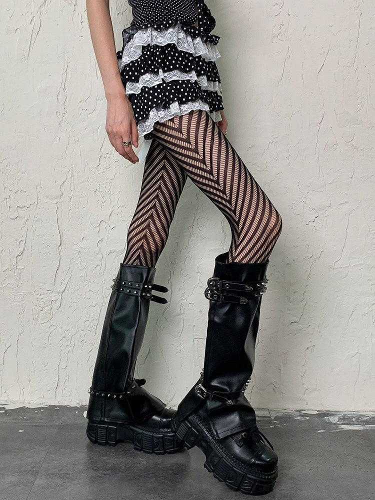 Black Y2K Gyaru Fashion Striped Pattern Fishnet Tights
