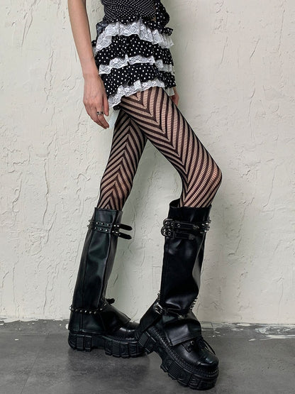 Black Y2K Gyaru Fashion Striped Pattern Fishnet Tights