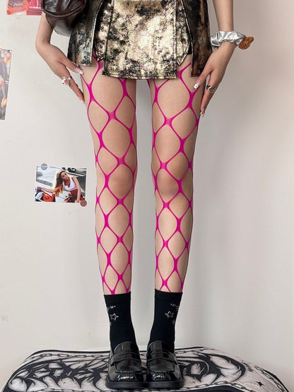 Black/Rose Red Y2K Cut-out Design Fishnet Tights