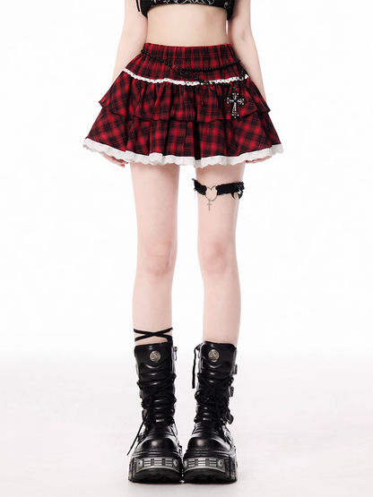 Red and Black Plaid Tiered Skirt