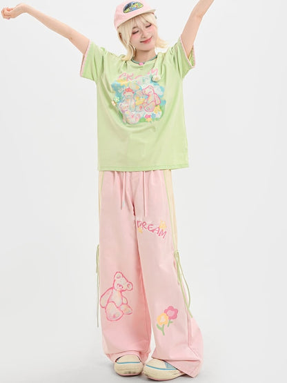 Green Round Neck Teddy Bear Print Knit Floral Accents Loose T-shirt