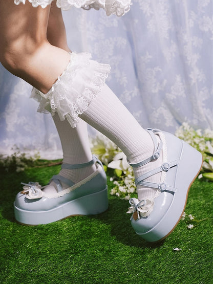 Buckle Ankle Strap Sweet Blue Knotted Bow Accent Platforms