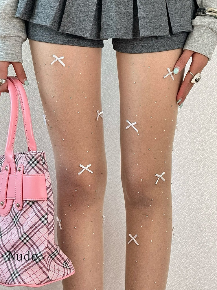 Beige/White/Nude Bowknot Details Rhinestone Decorated Tights