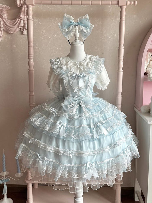 Blue Bow Accents Hanayome Princess Dress Layered Tulle Skirt Lolita JSK