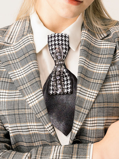 Black Rhinestone Decorated Houndstooth Pattern Bowknot Design Neck Tie