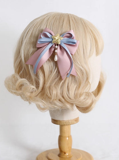 Dusty Blue / Dusty Pink Cute Star Bowknot Hairclip with Bead Charms