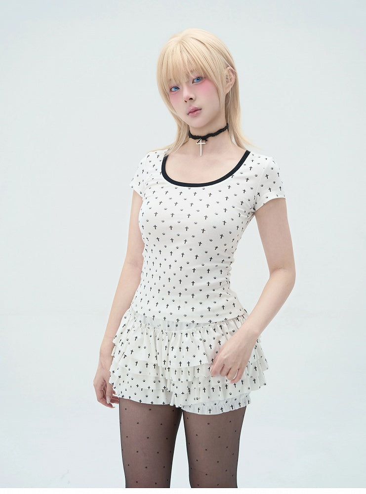 Pastel Gothic Black & White Allover Cross and Cat Paw Print Cat Ears Detail at Back T-Shirt